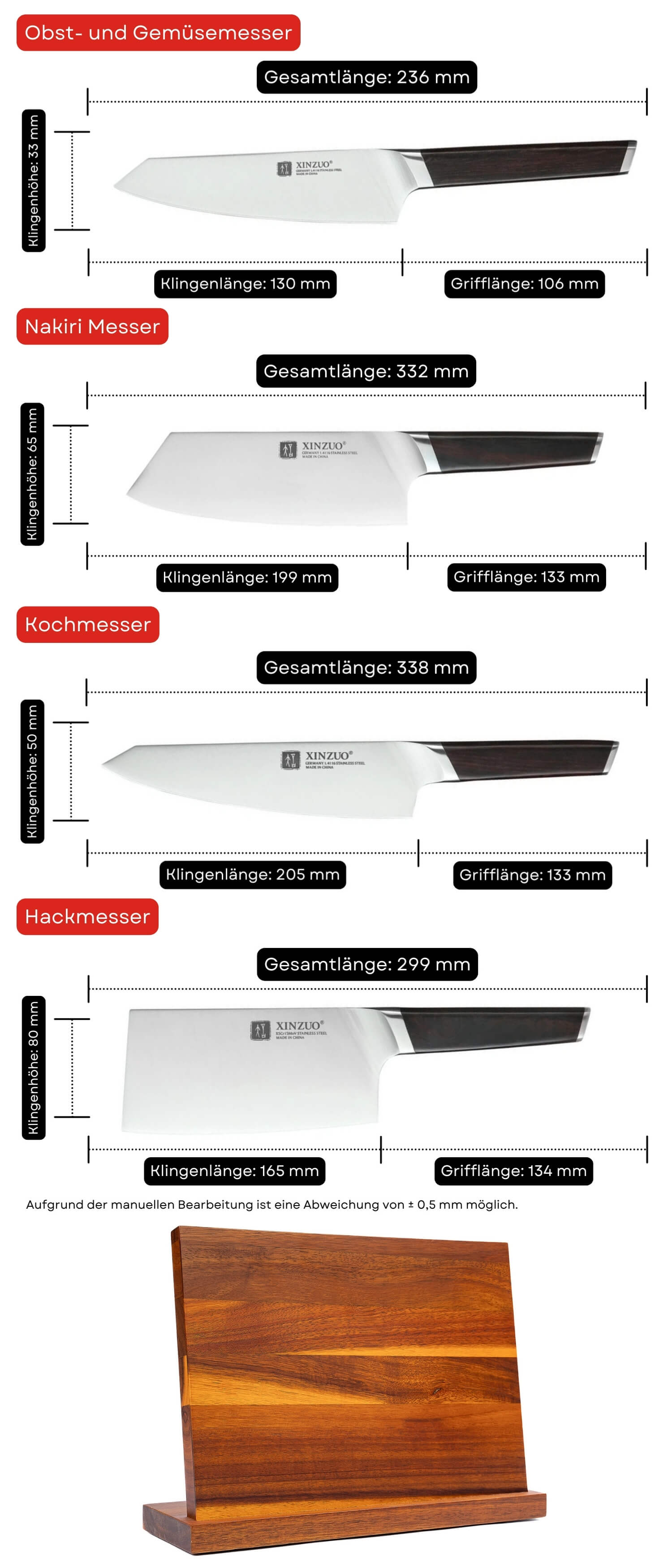Messerset XinZuo Rui B5 mit Magnet-Messerblock - Abmessungen
