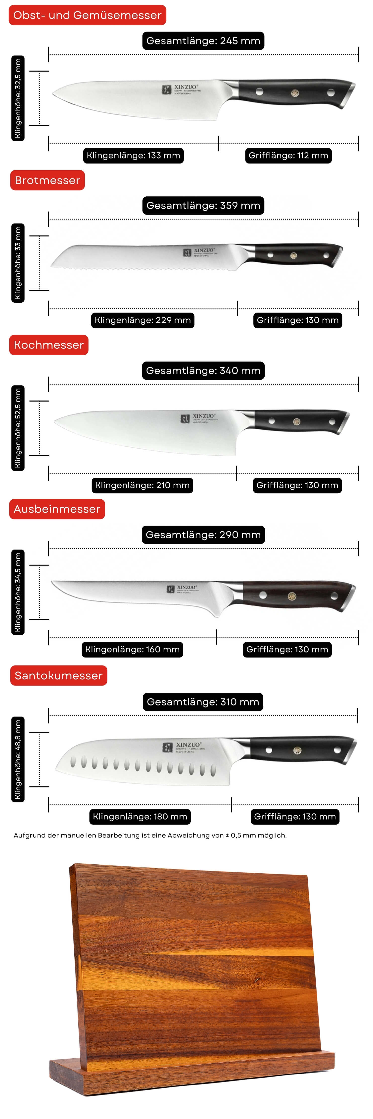 Messerset XinZuo Yi B13S - Abmessungen