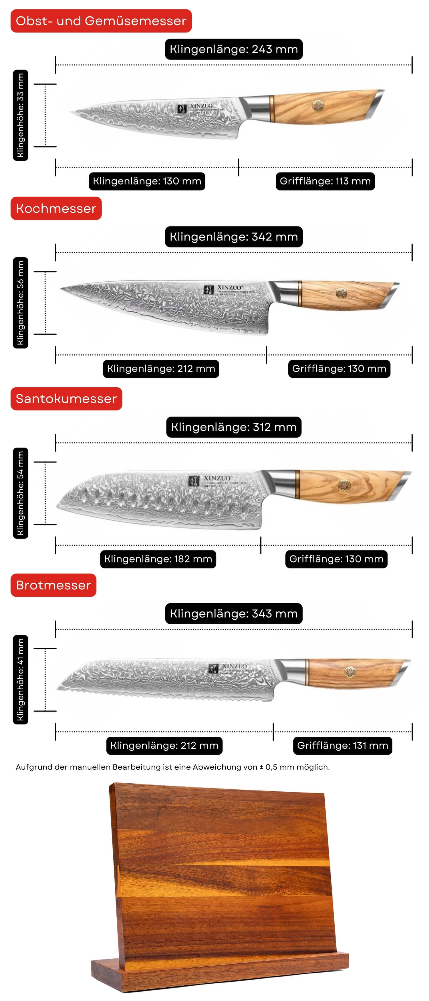 Messerset XinZuo Lan B37 - Abmessungen