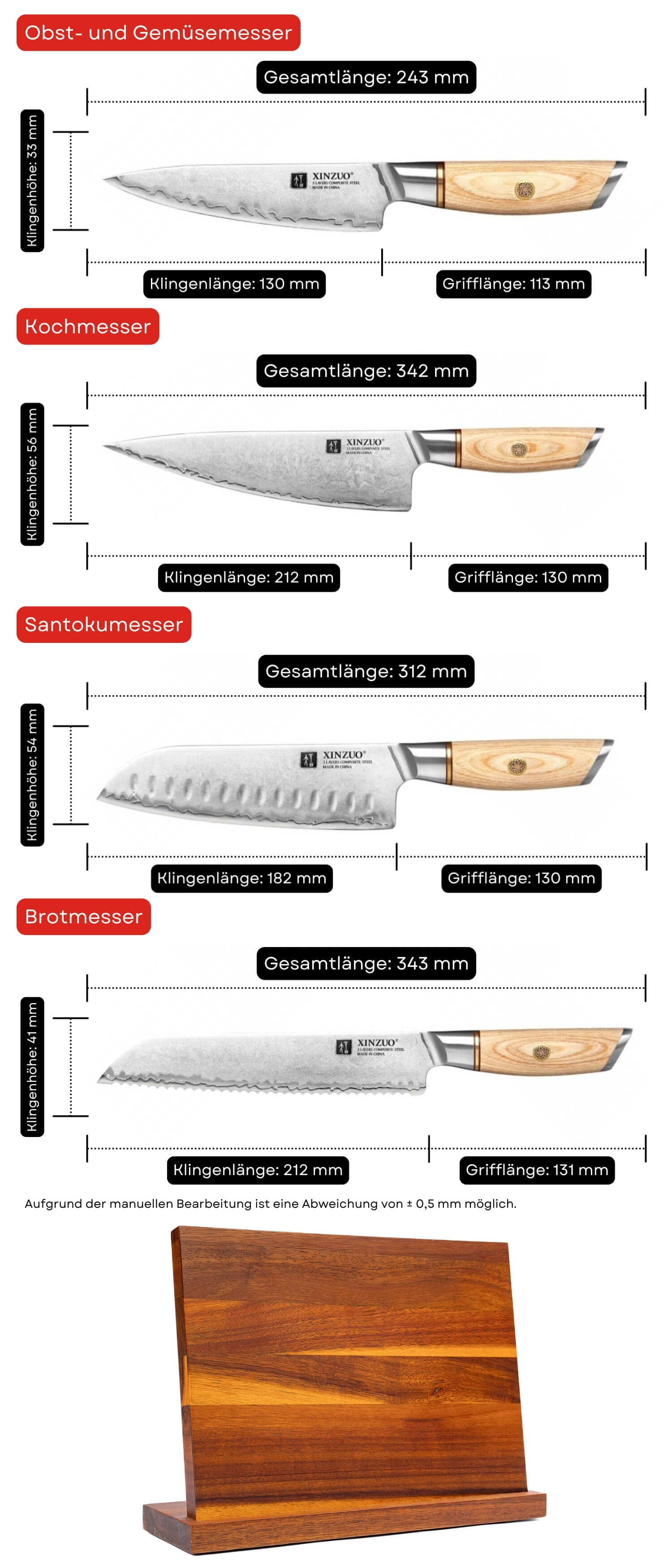 Messerset XinZuo Lan B37S - Abmessungen