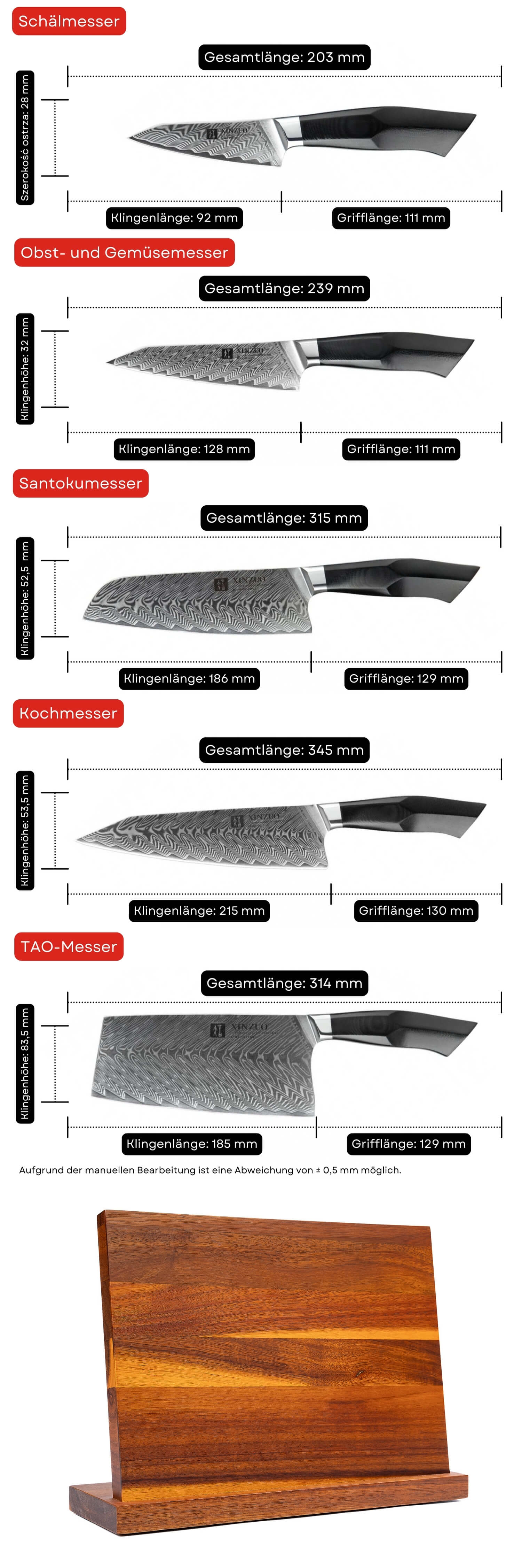 Messerset XinZuo Feng B32 - Abmessungen