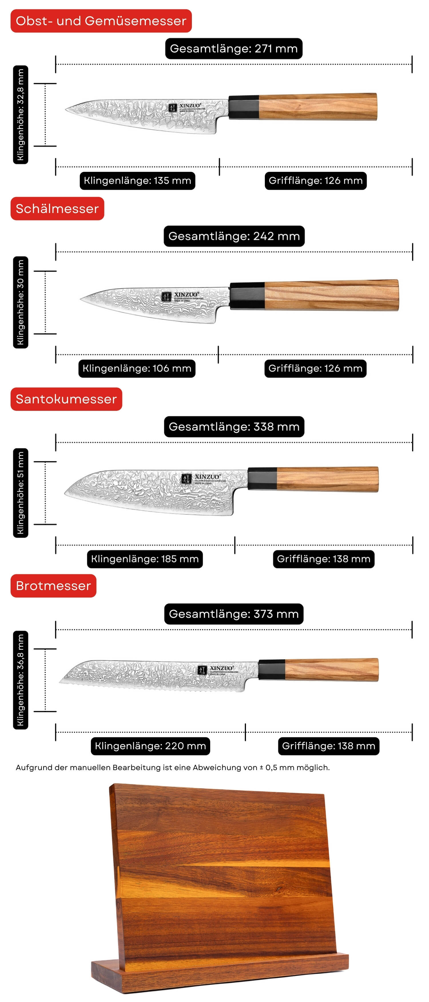 Messerset XinZuo Zhen PM8O - Abmessungen