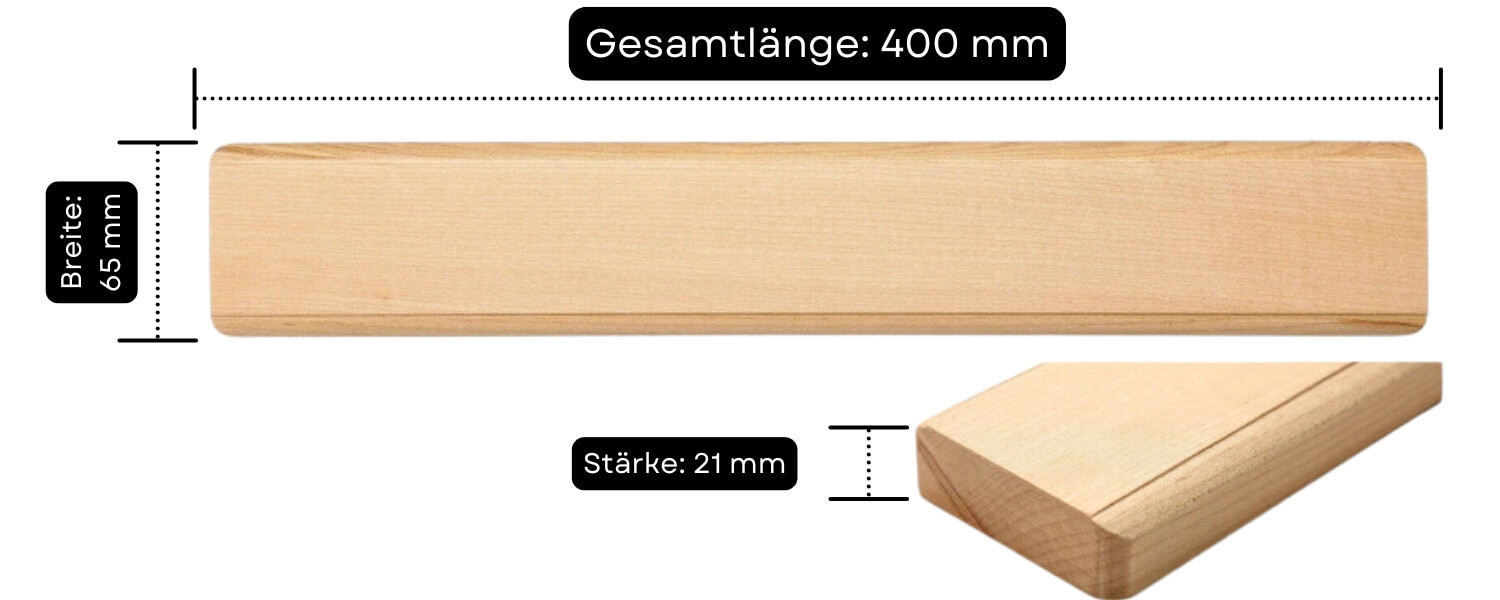 Abmessungen einer Magnetleiste für Messer aus Ahorn