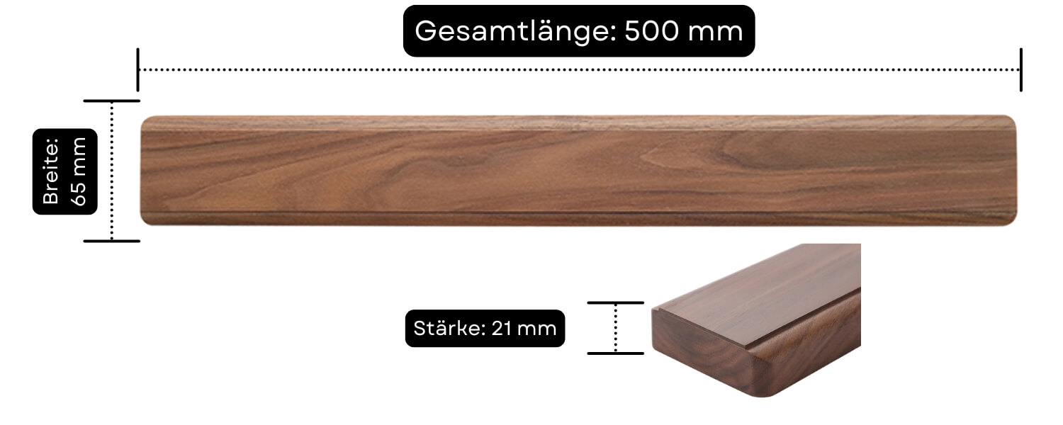 Abmessungen einer Magnetleiste für Messer aus Walnussholz