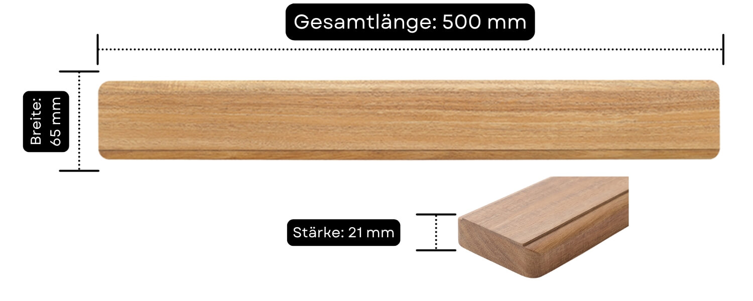Abmessungen einer Magnetleiste für Messer aus Akazienholz 50 cm