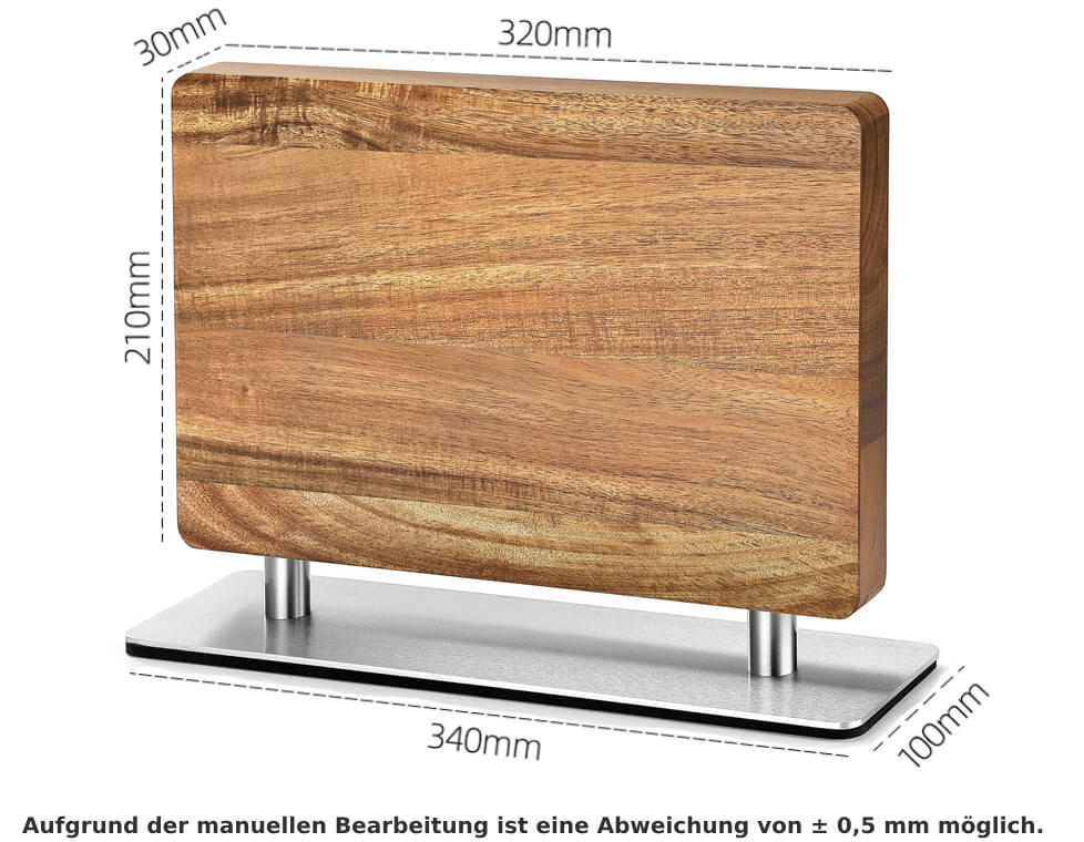  Magnet-Messerblock aus Akazienholz mit einem Stahlsockel - Abmessungen