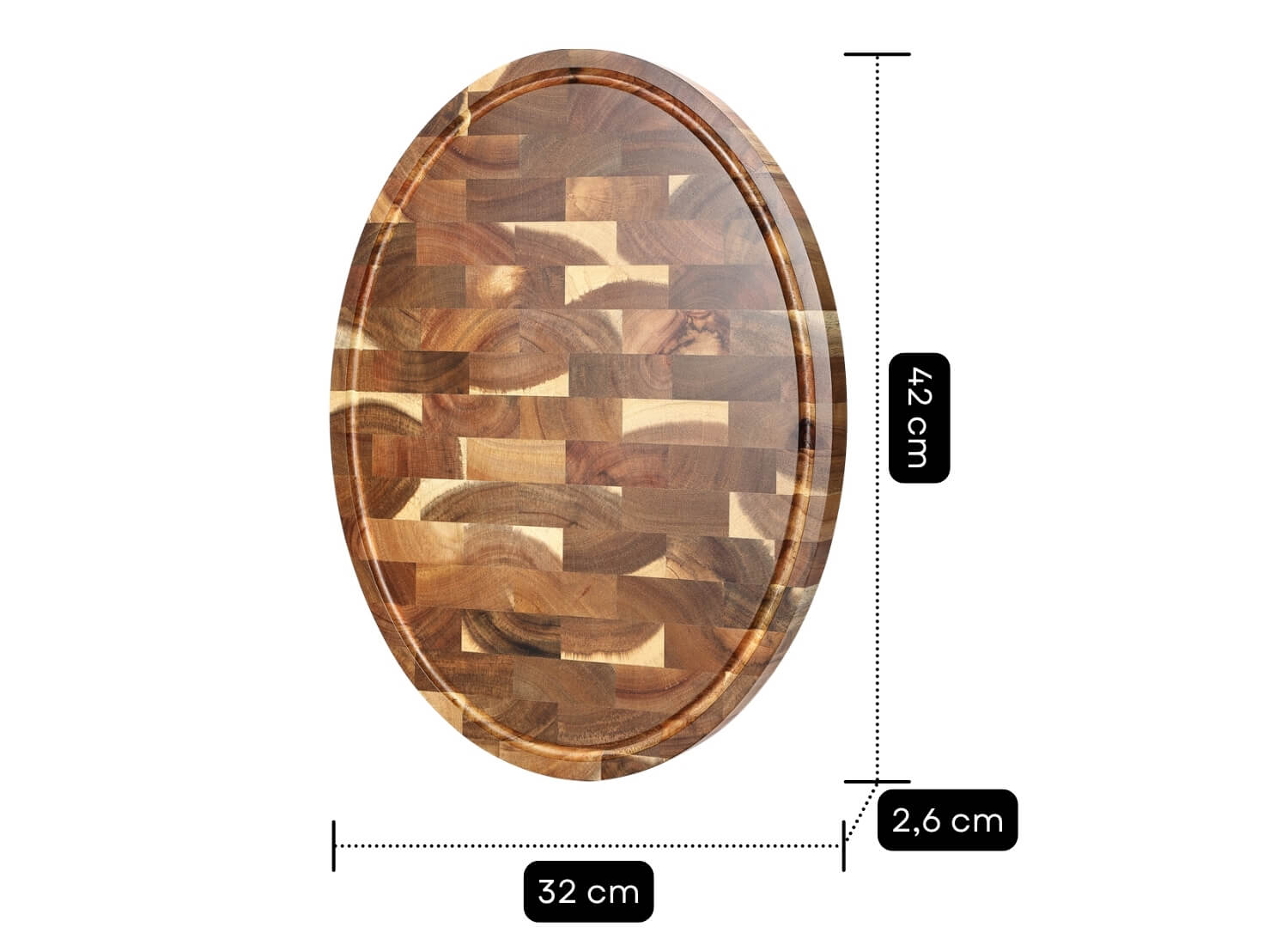 Abmessungen des ovalen Akazien-Schneidebretts