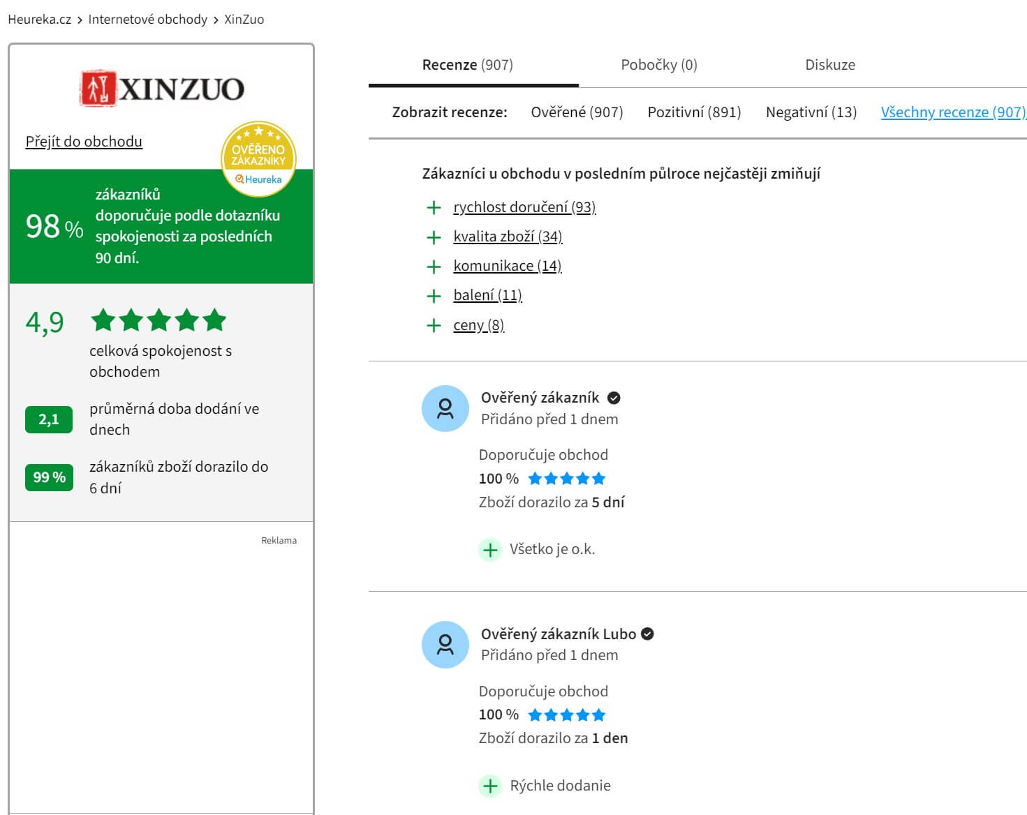 Hodnocení XinZuo na Heureka.cz