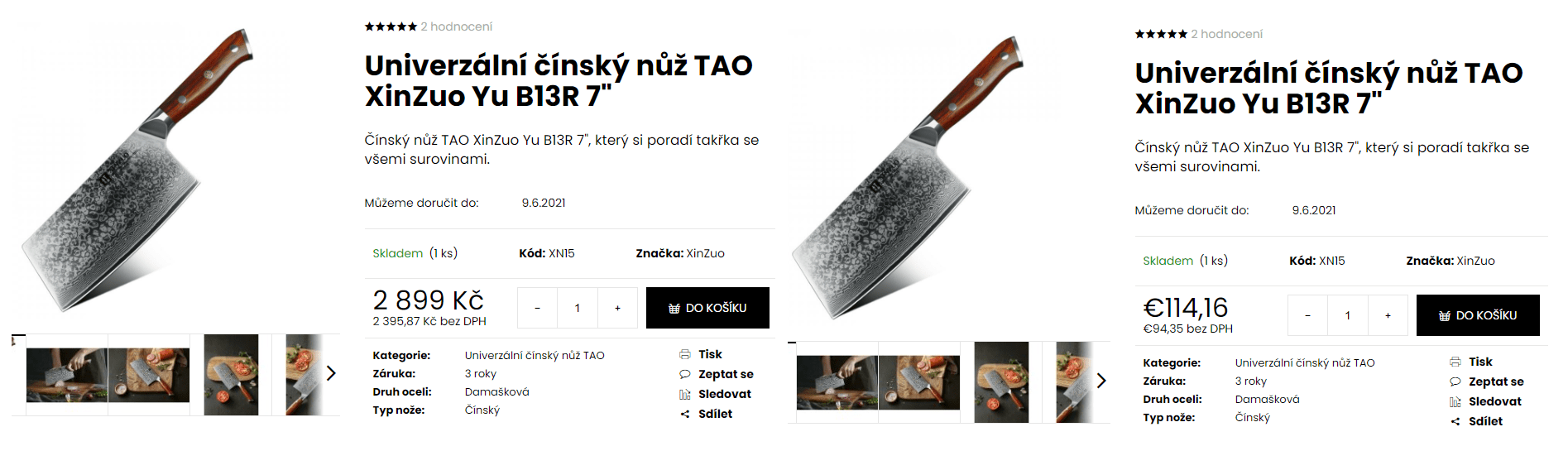 Náhled produktu s CZK a EUR cenou