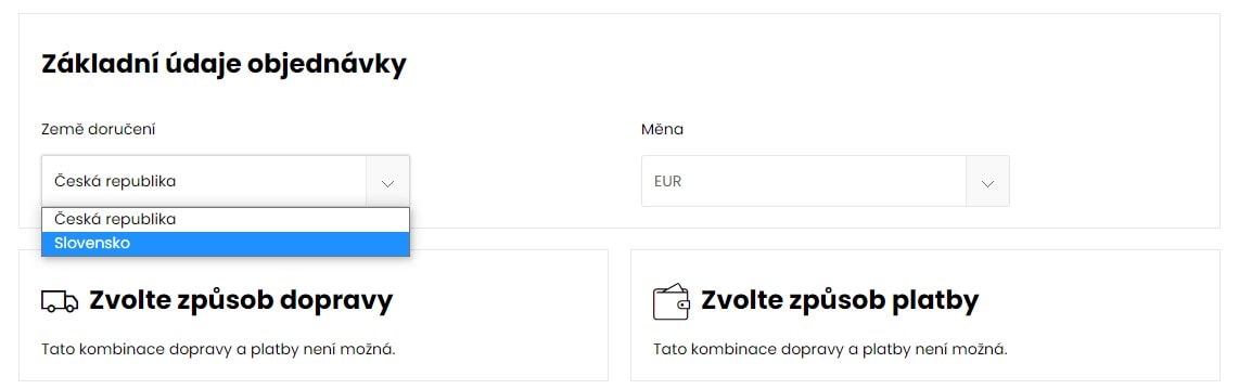 Volba země doručení