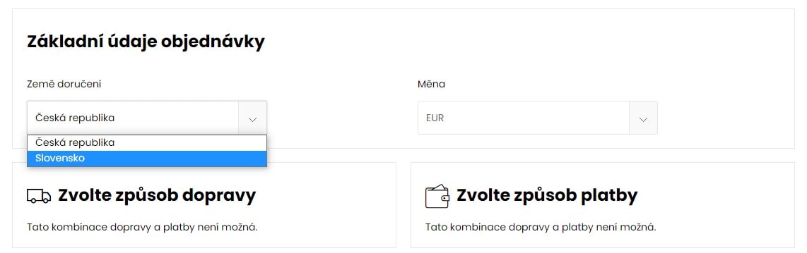 Volba země doručení
