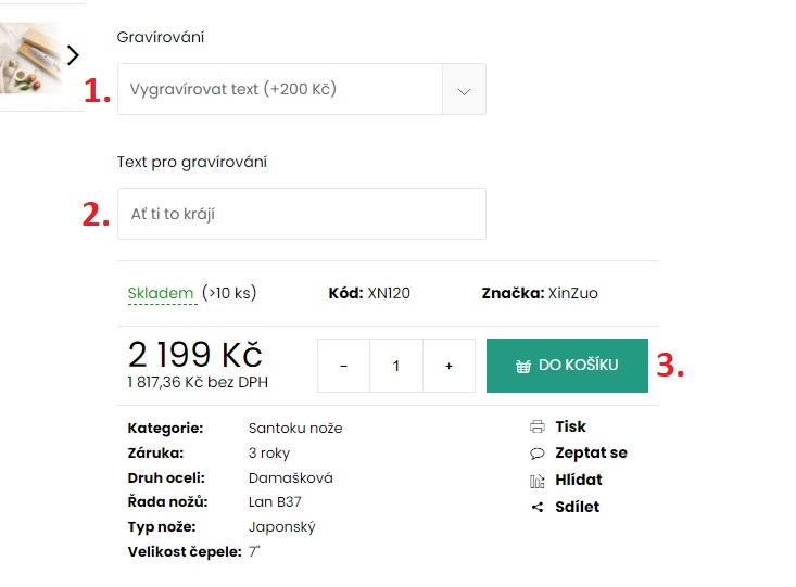 Návod vložení textu ke gravírování nože