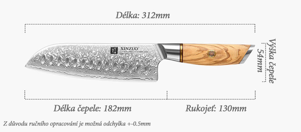 Rozměry santoku nože XinZuo Lan B37 7"
