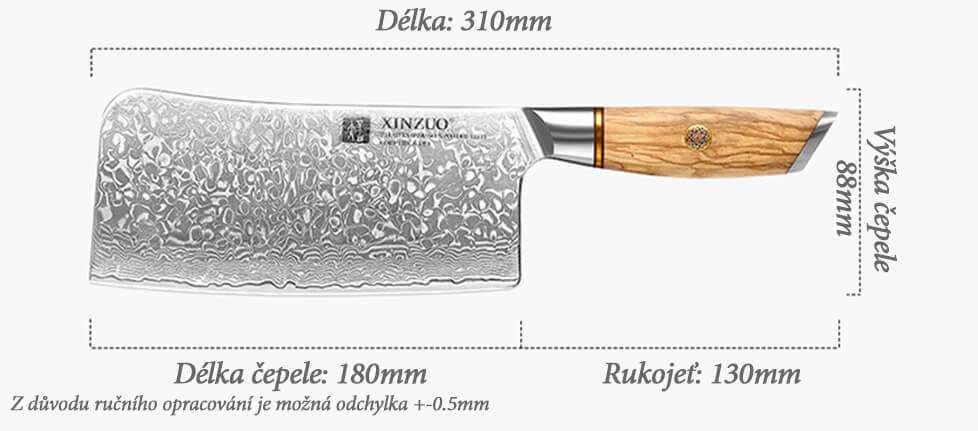 Rozměry sekáčku XinZuo Lan B37 6.5"
