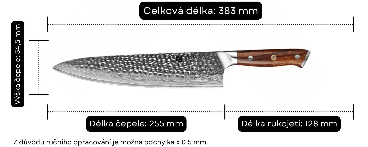 Rozměry šéfkuchařského nože XinZuo B13D