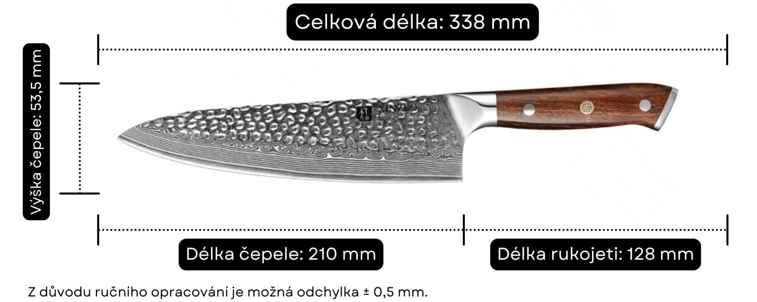 Rozměry nože XinZuo B13D s velikostí 8,2