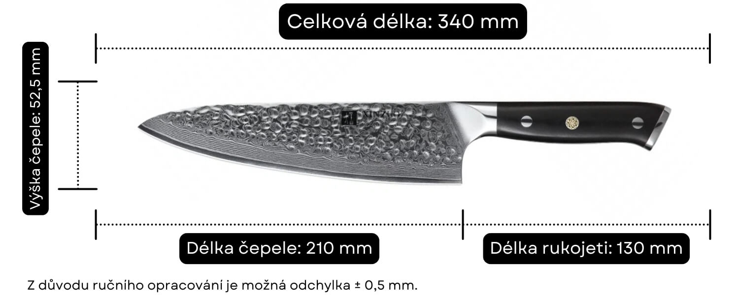 Rozměry šéfkuchařského nože XinZuo B13H