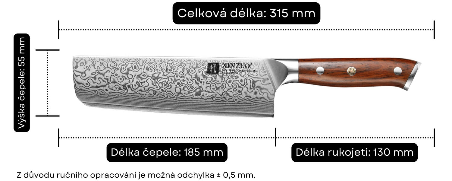 Rozměry nakiri nože XinZuo Yu B13R