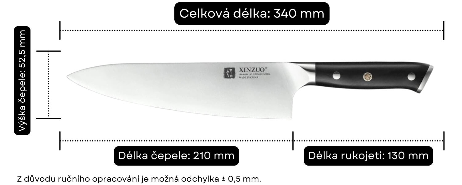 Rozměry šéfkuchařského nože XinZuo Yu B13S
