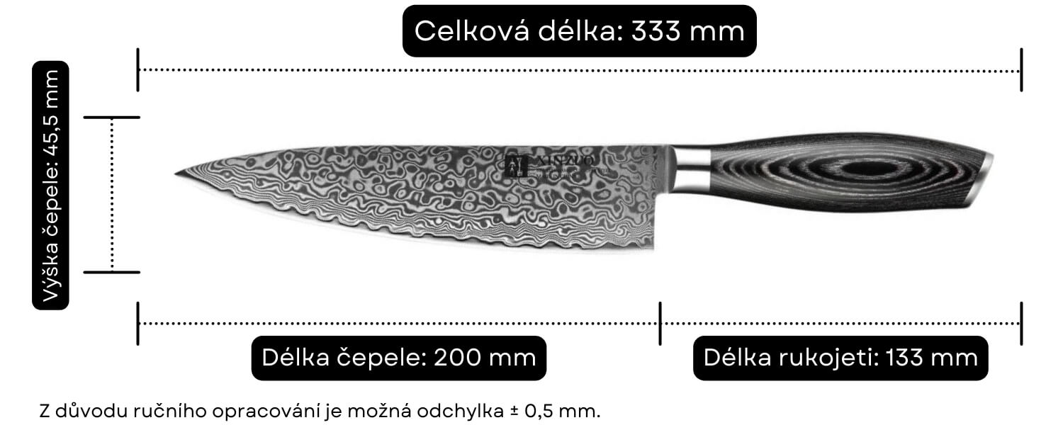 Rozměry šéfkuchařského nože Ya B20