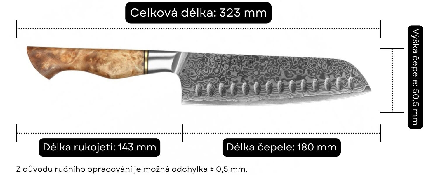Rozměry nože Santoku HEZHEN Master B30