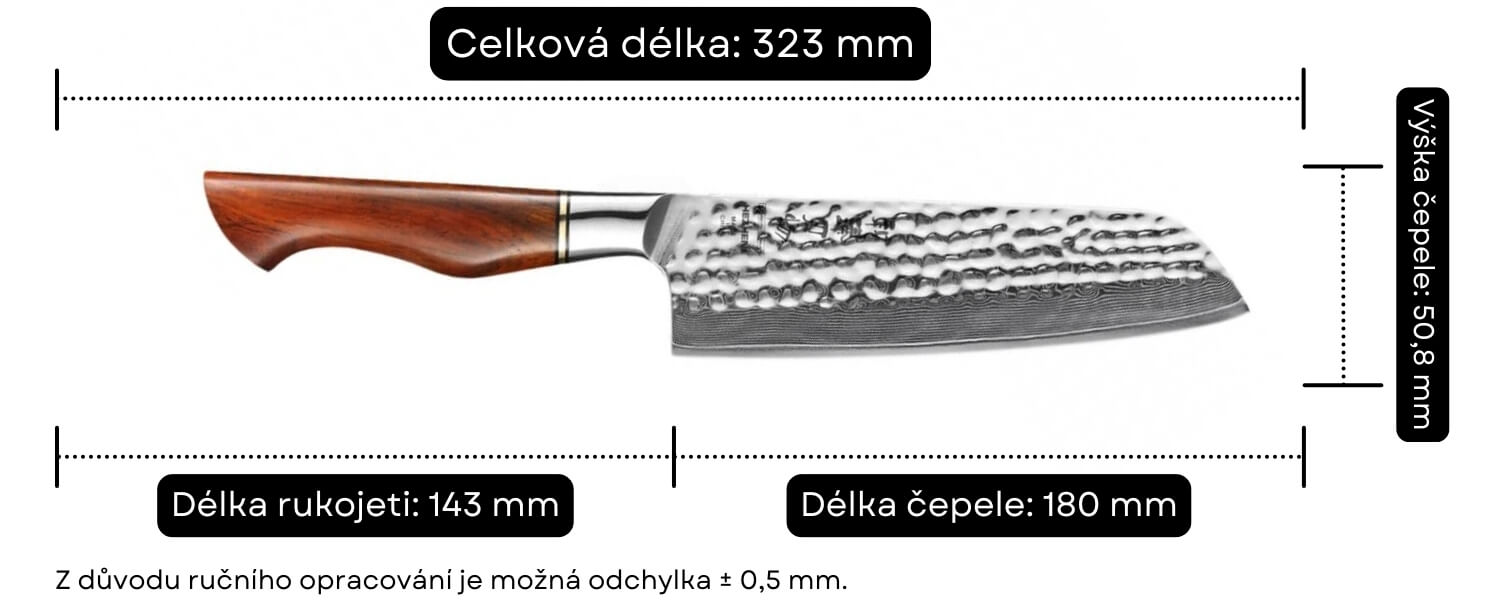 Rozměry nože santoku HEZHEN Master B30R