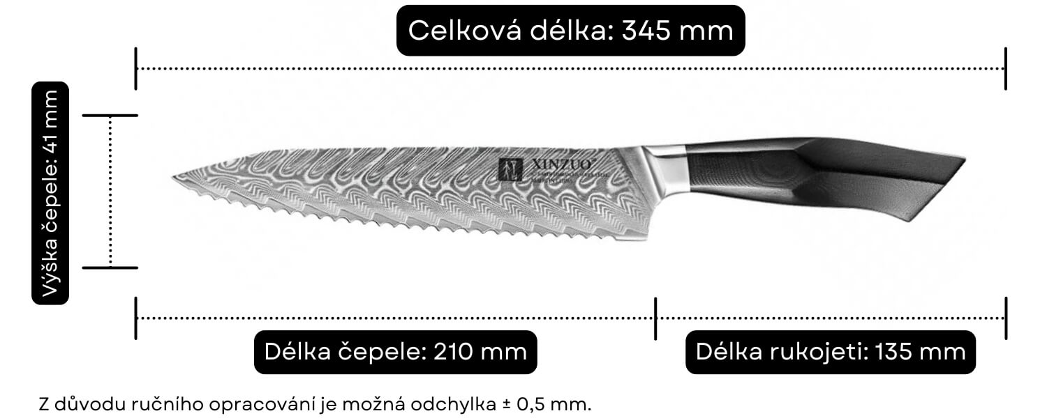 Rozměry nože na pečivo XinZuo Feng B32 8.5
