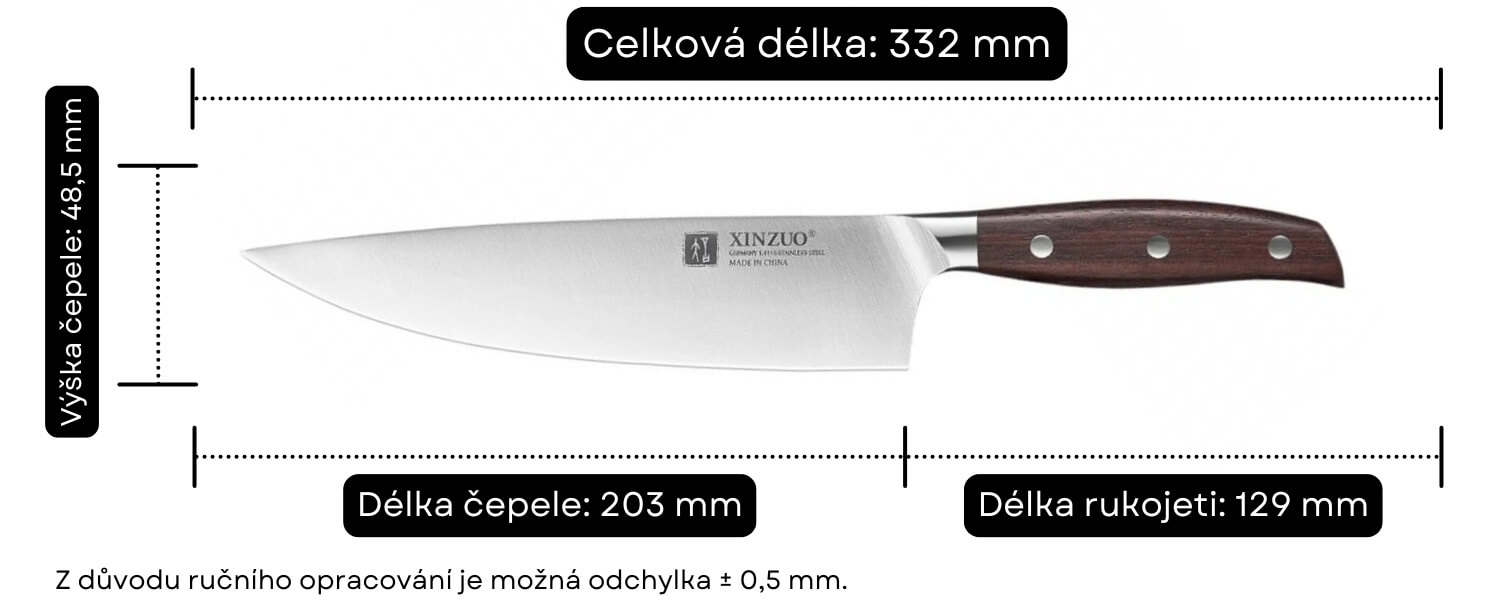 Rozměry nože šéfkuchařského Zhi B35