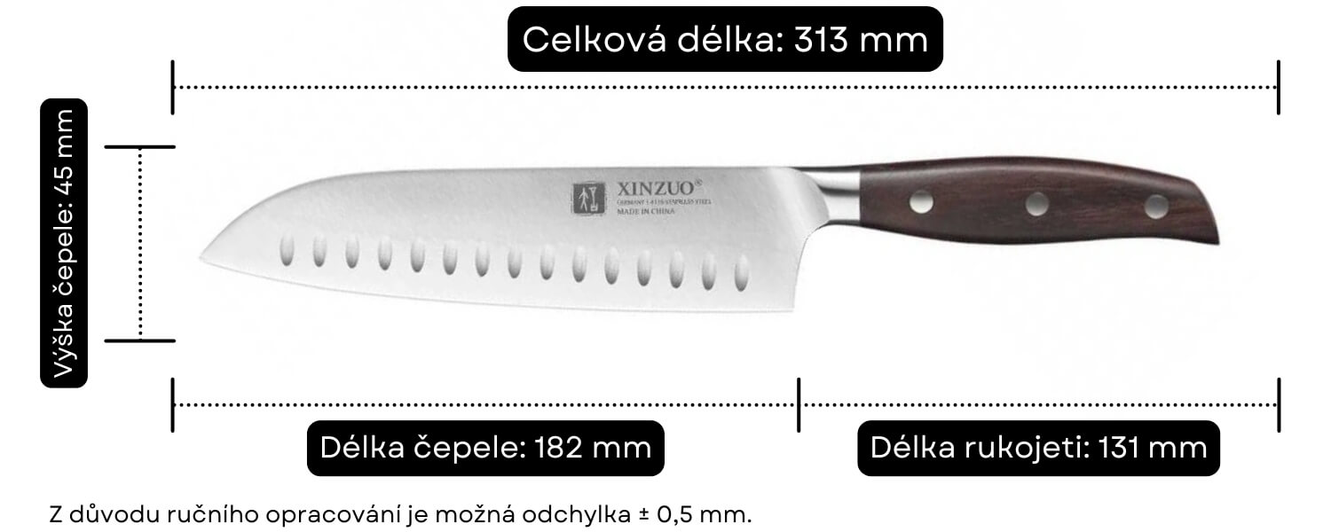 Santoku nůž XinZuo B35 Zhi - rozměry