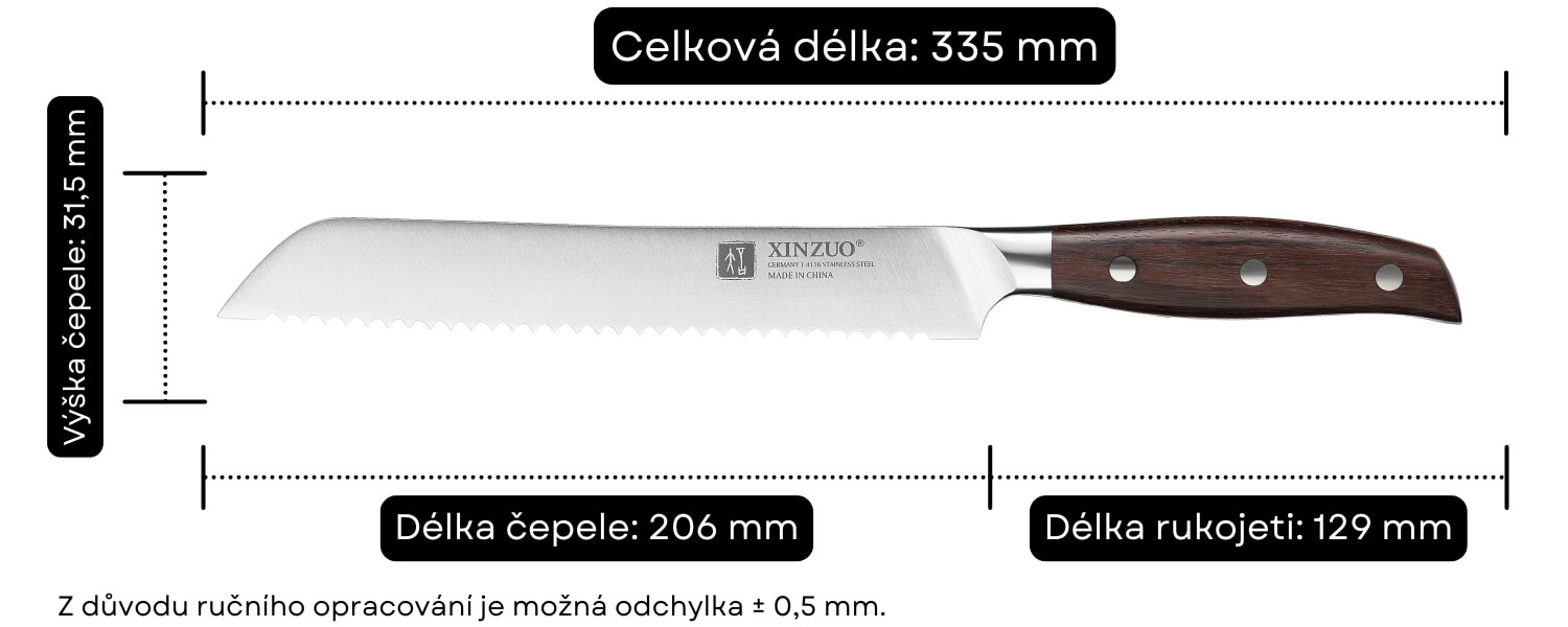 Rozměry nože na pečivo Zhi B35