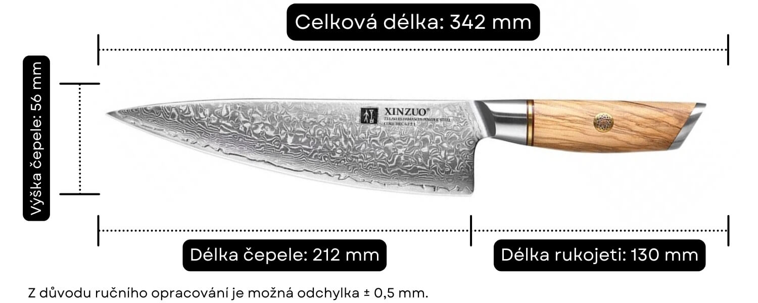 Rozměry šéfkuchařského nože Lan B37