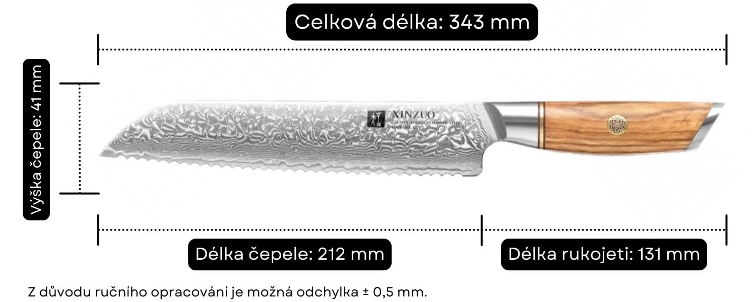 Rozměry nože na pečivo XinZuo Lan B37