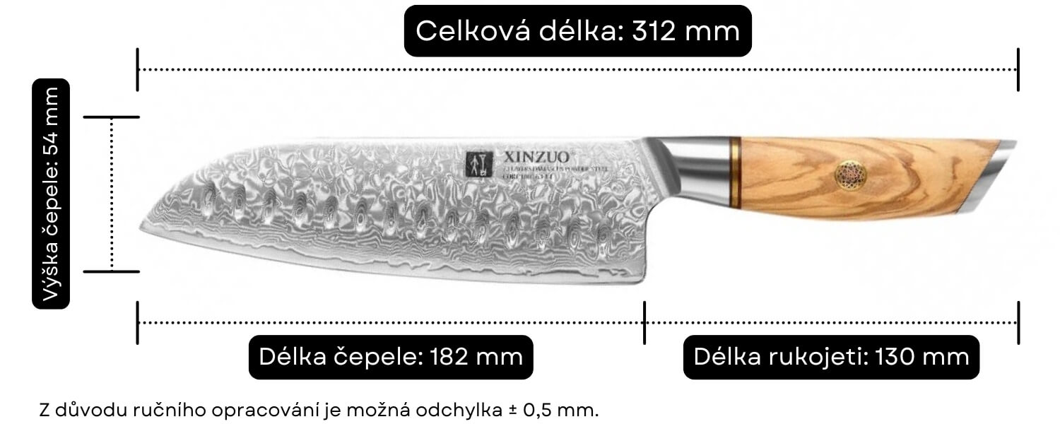 Rozměry santoku nože XinZuo Lan B37