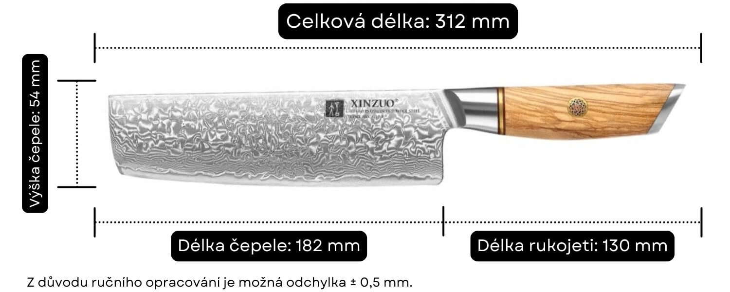 Rozměry nakiri nože XinZuo Lan B37