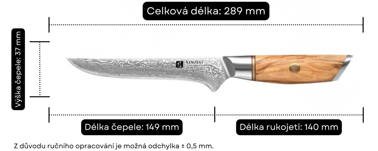 Rozměry vykosťovacího nože XinZuo Lan B37