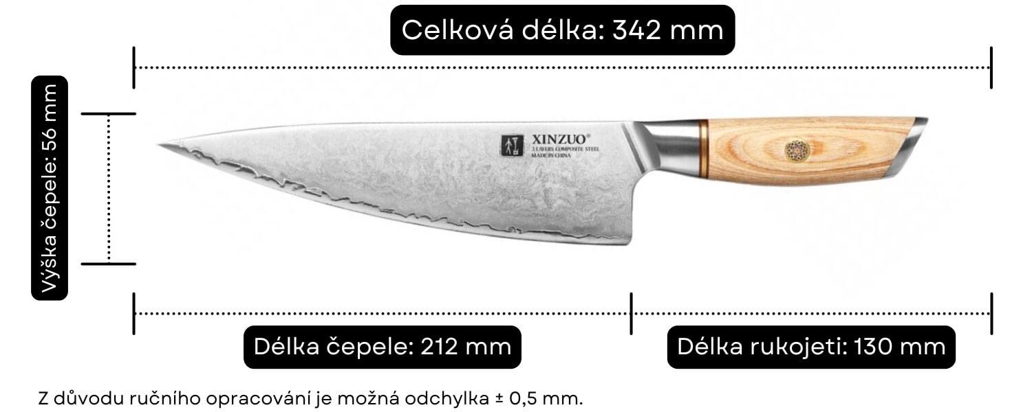 Rozměry šéfkuchařského nože XinZuo Lan B37S