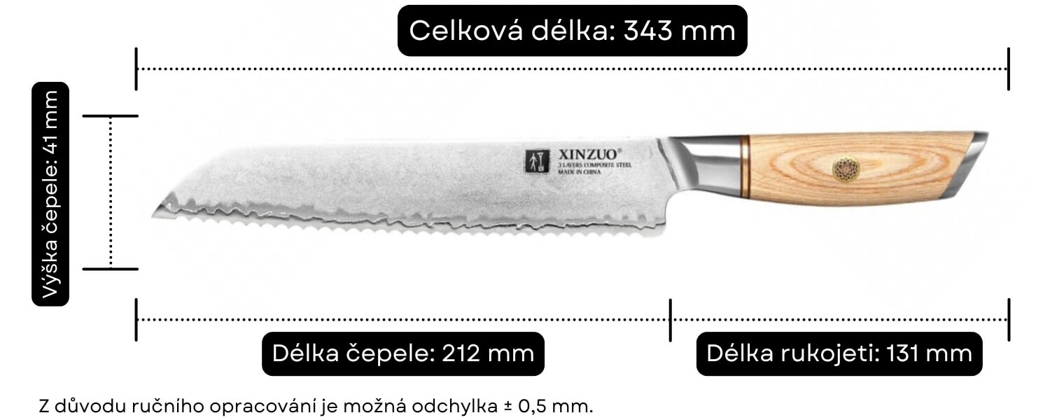 Rozměry nože na pečivo XinZuo Lan B37S