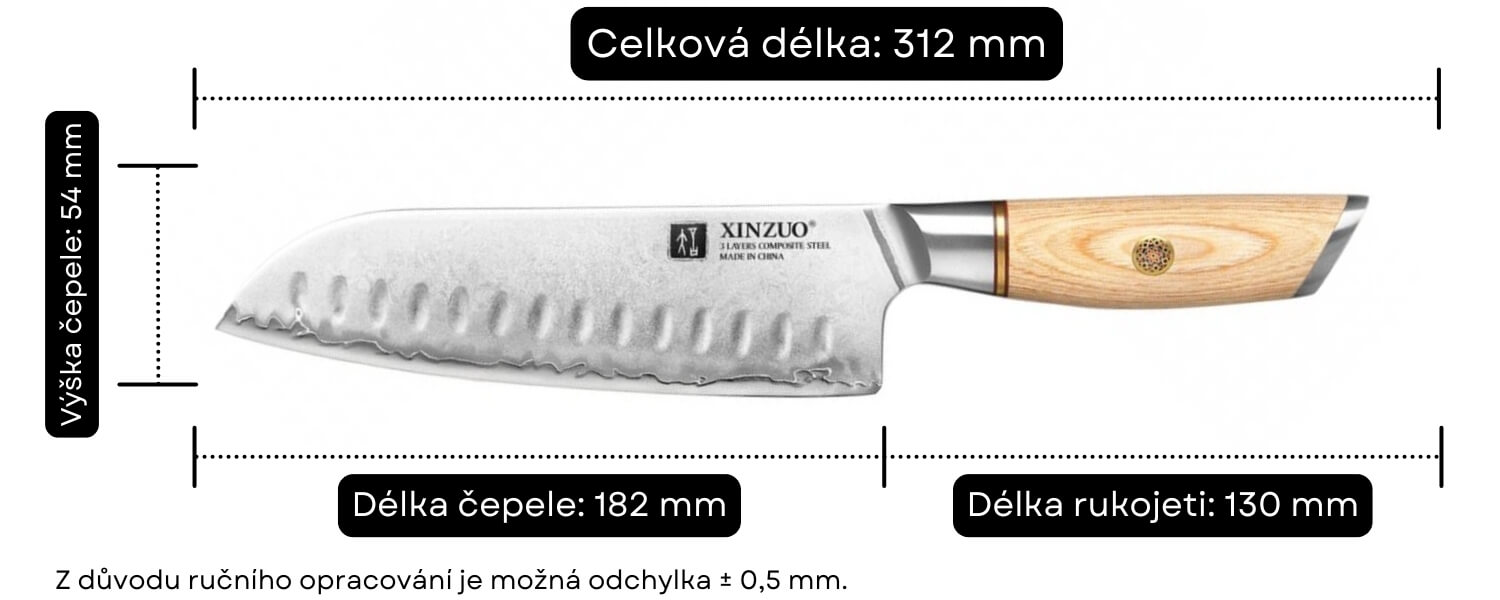Rozměry santoku nože XinZuo Lan B37S