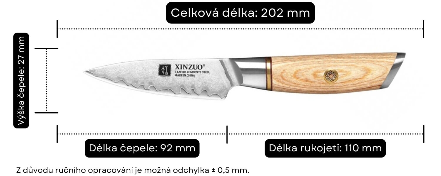 Rozměry nože na loupání XinZuo Lan B37S