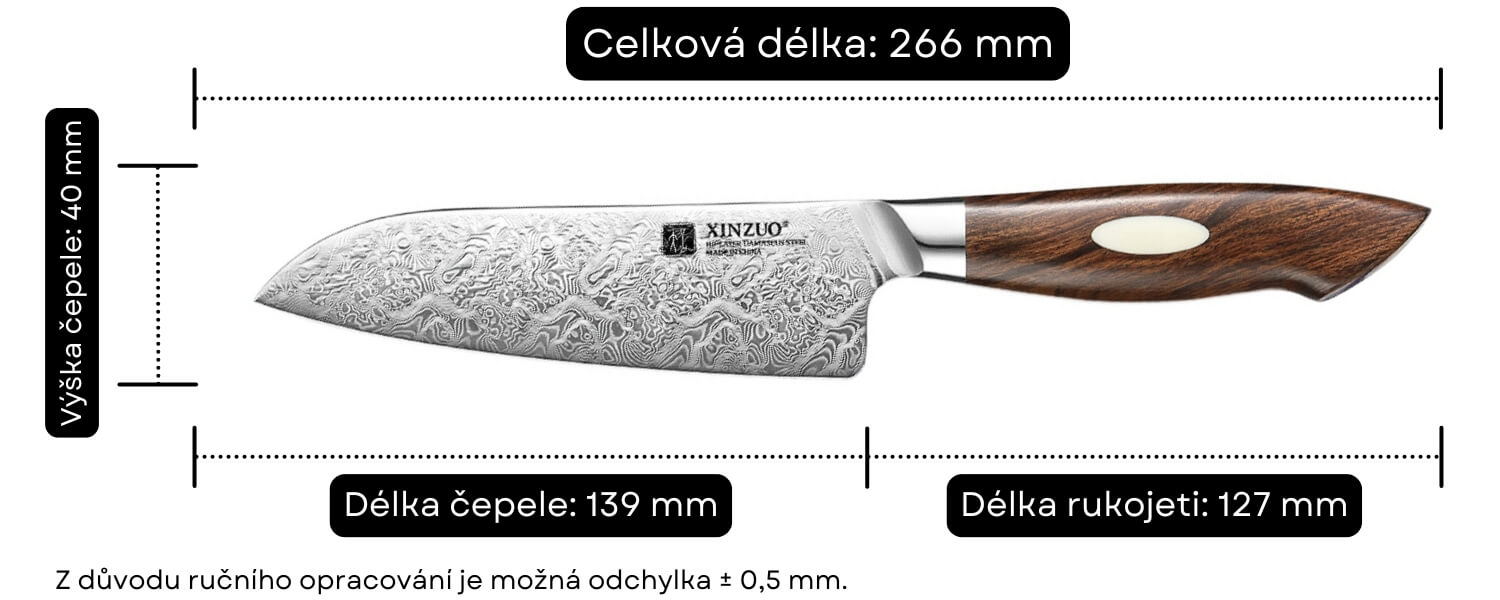 Rozměry malého Santoku nože XinZuo B46D