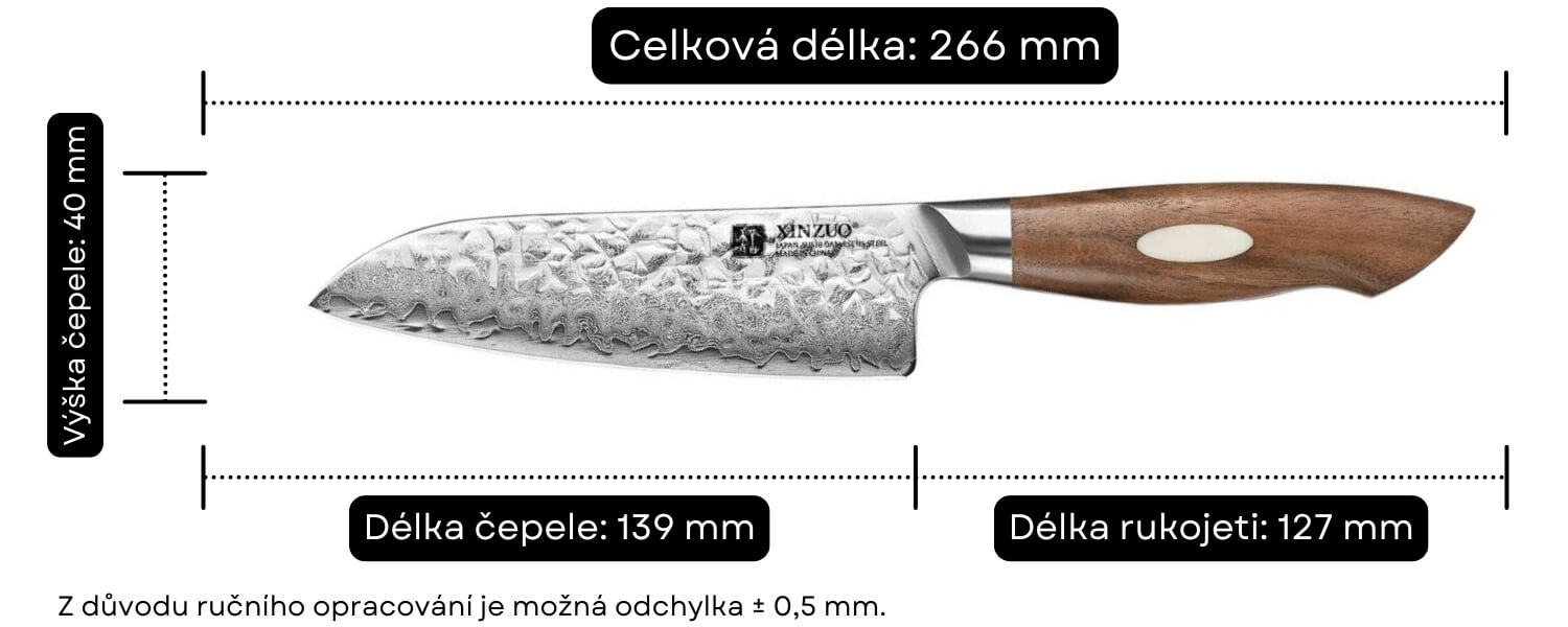 Rozměry santoku nože XinZuo Jiang B46W