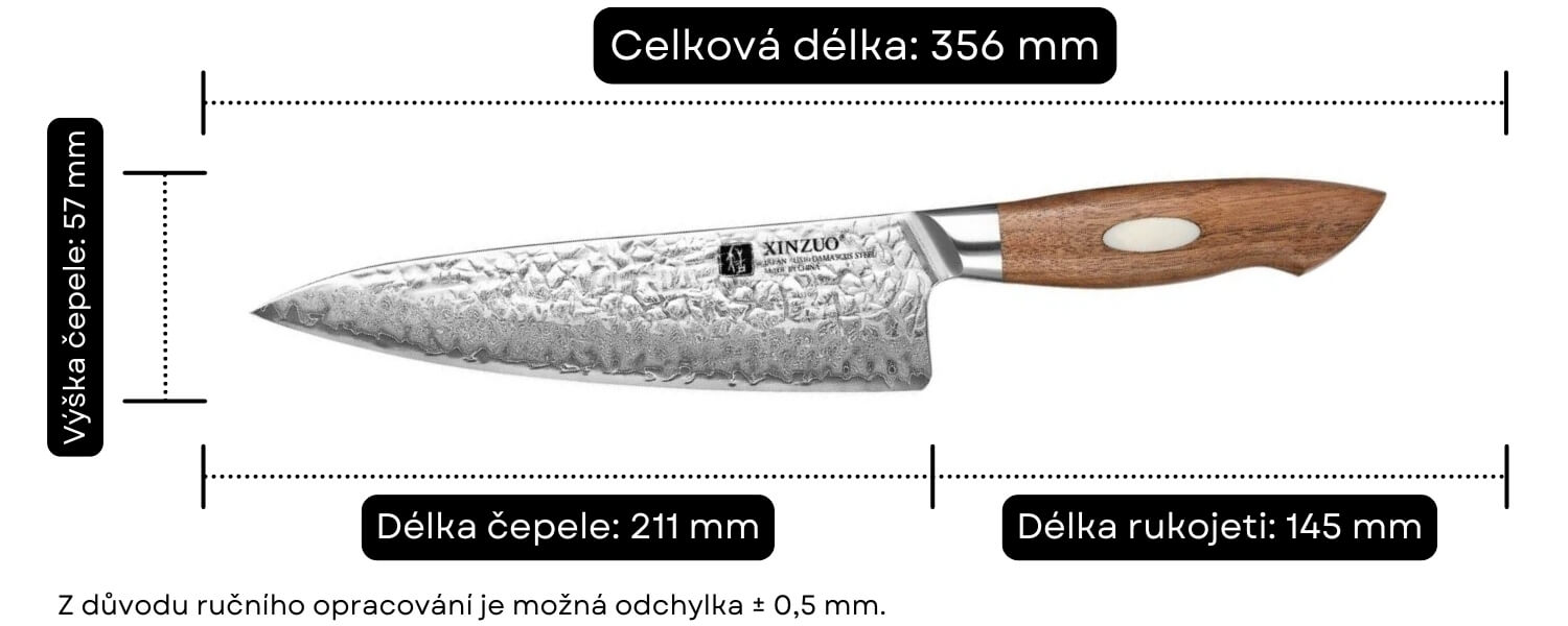 Šéfkuchařský nůž XinZuo B46W - rozměry