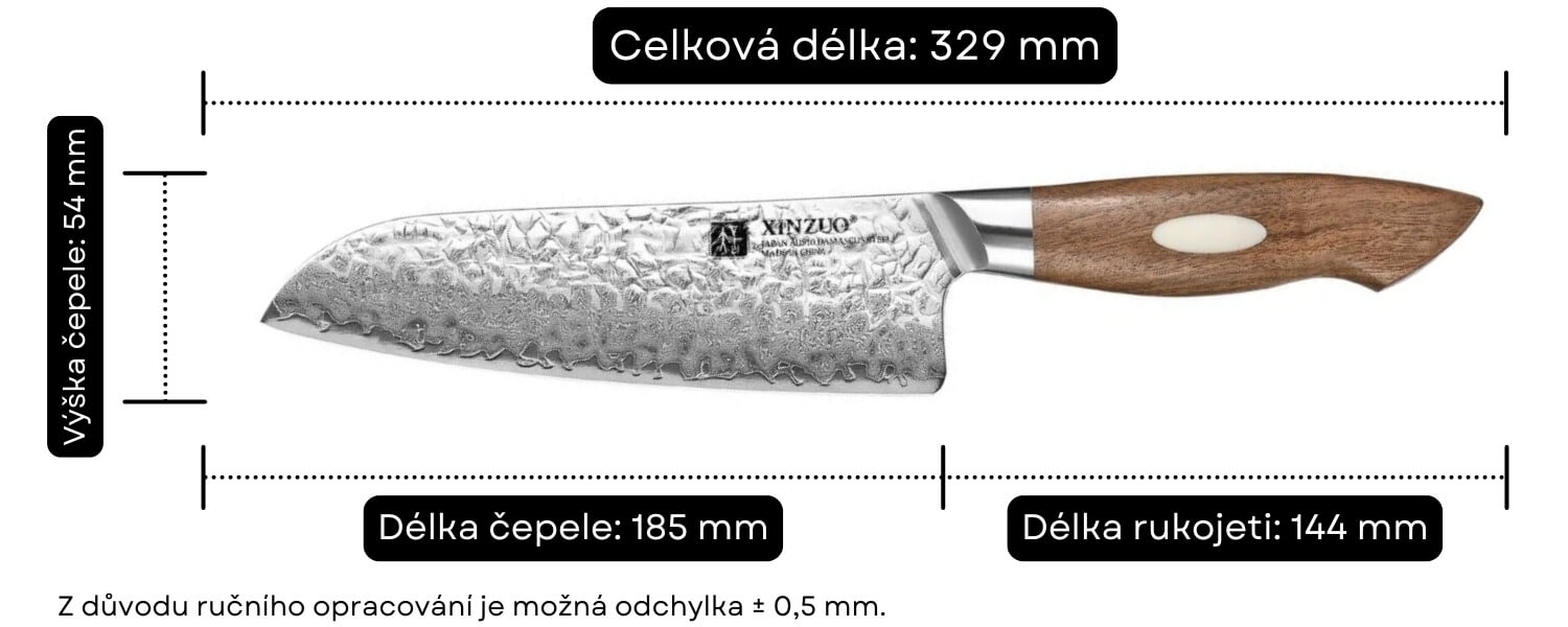 Rozměry santoku nože XinZuo Jiang B46W