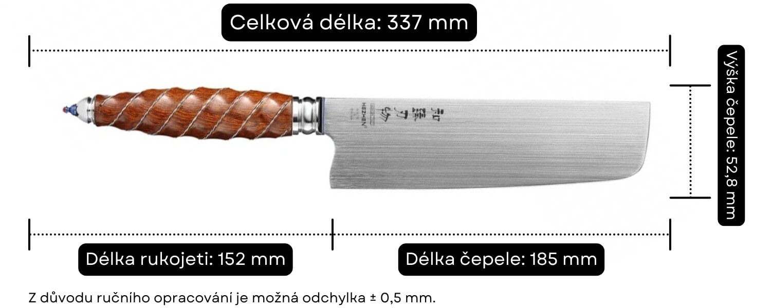 Rozměry nakiri nože HEZHEN F4 BÖHLER