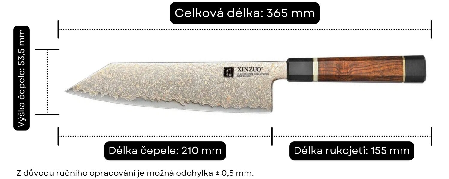 Rozměry šéfkuchařského nože Bunka F5C