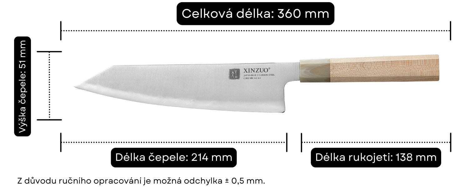 Rozměry šéfkuchařského nože Bunka PM8M