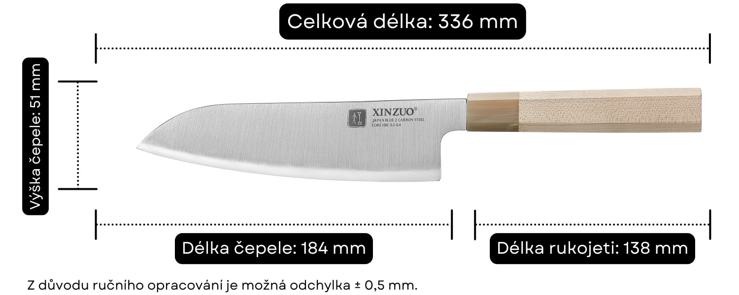 Rozměry santoku nože PM8M
