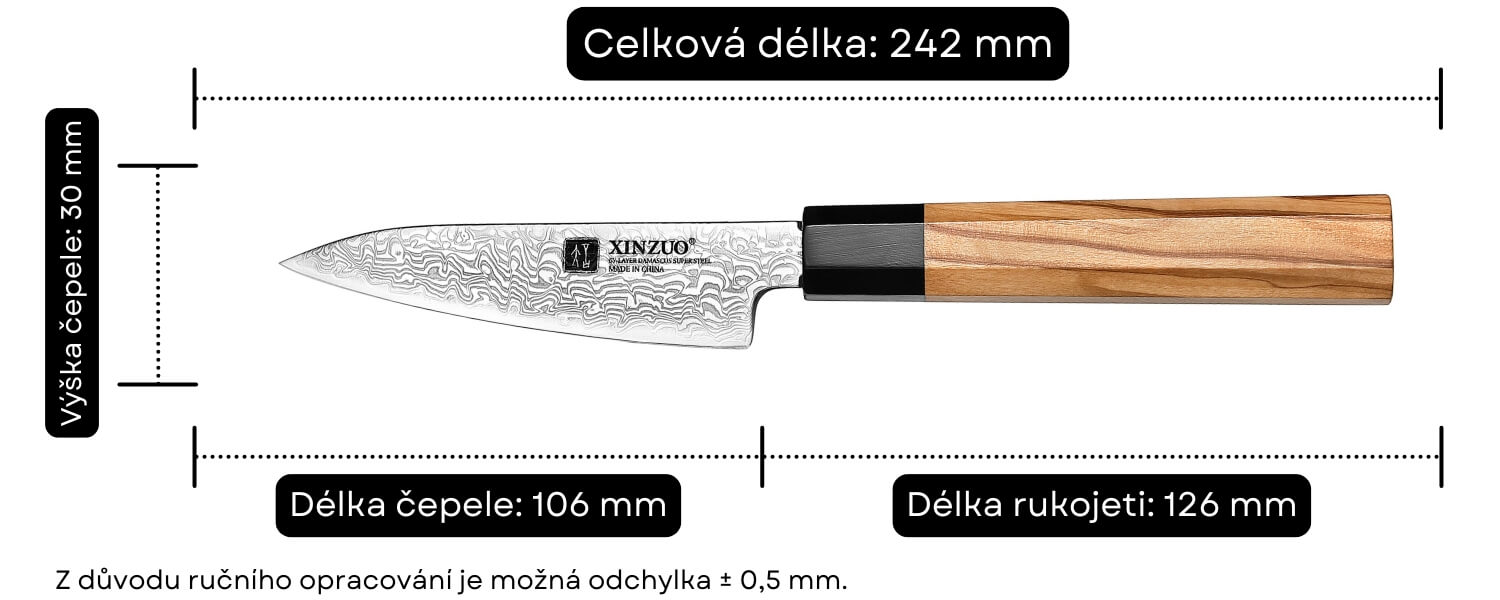 Rozměry nože na loupání z řady PM8O