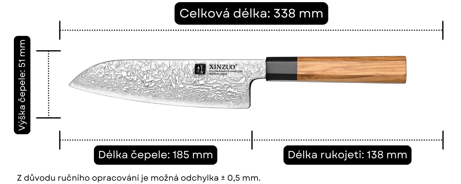 Rozměry Santoku nože PM8O
