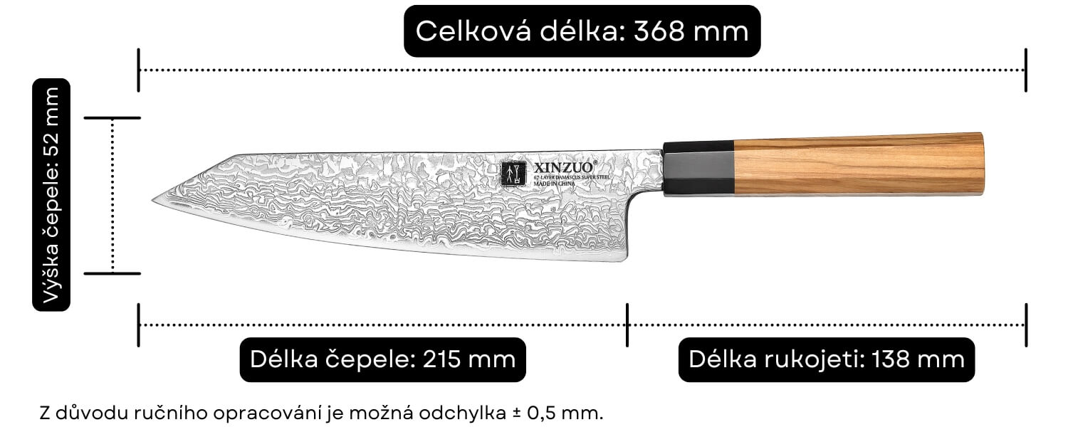 Rozměry šéfkuchařského nože Bunka PM8O